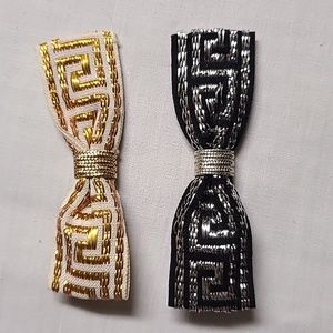 Set of 2 Vintage Hair Bow Clip Barrettes Greek Key Black Silver White Gold 1960s